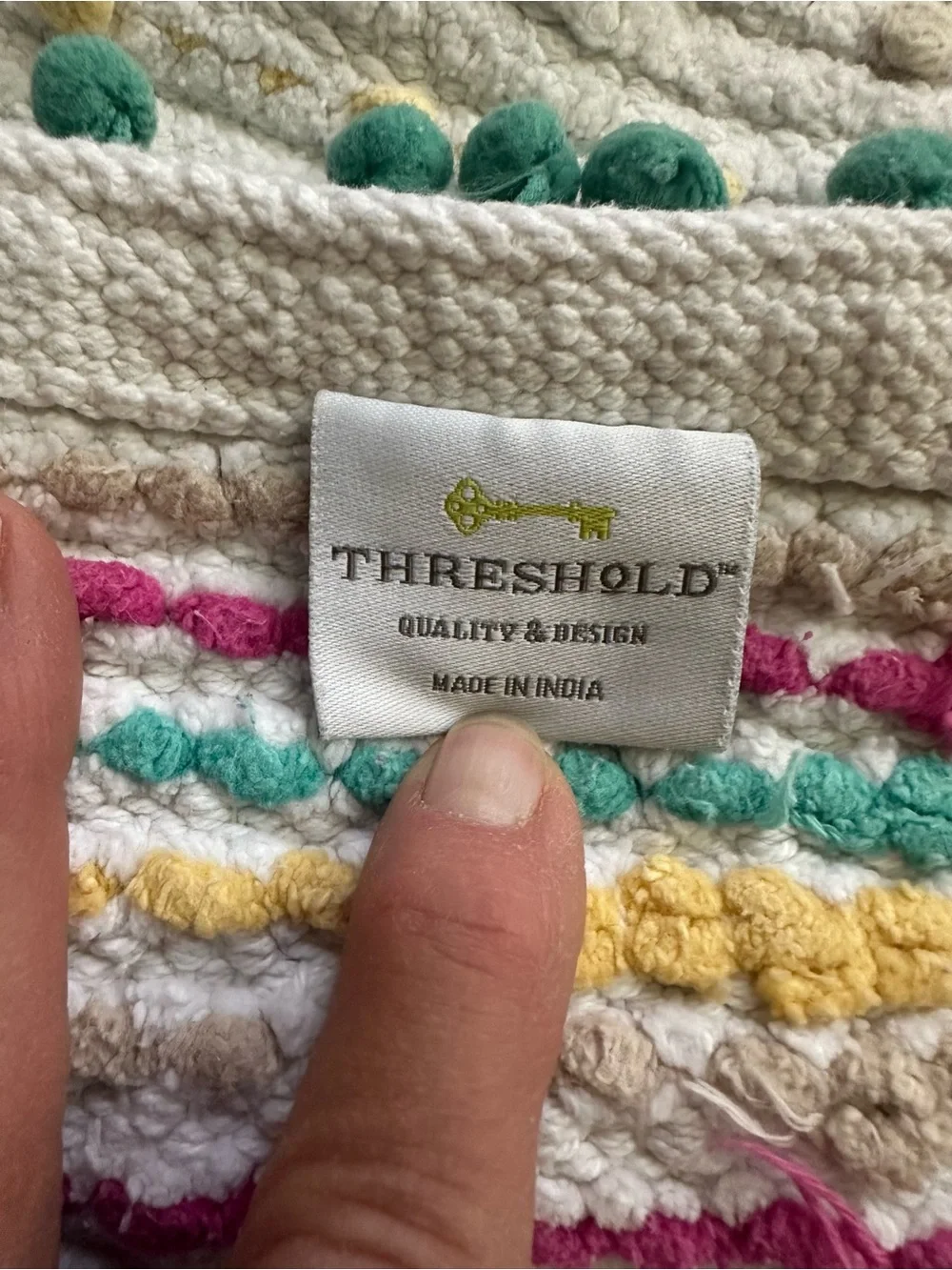 Set Threshold Bath Mat Yellow, Teal, Fuchsia and Cream Accents & 3 Hand Towels